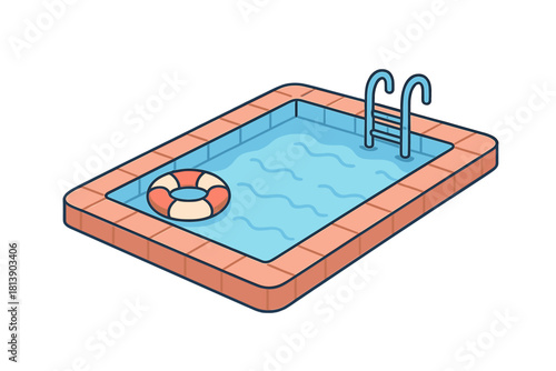Rectangular swimming pool with blue water, metal ladder, and floating life preserver ring