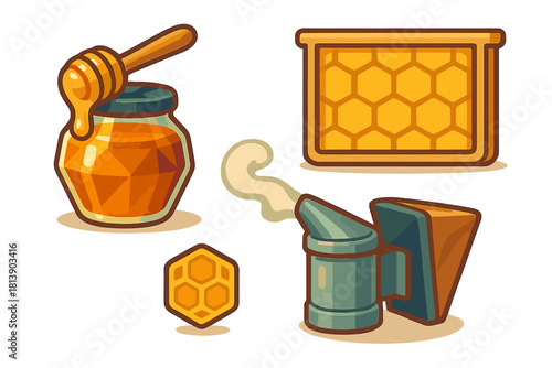 Essential tools for beekeeping and honey harvesting: jar, dipper, smoker, honeycomb frame