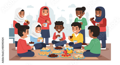 Multicultural group of friends sharing sweets and snacks outdoors during