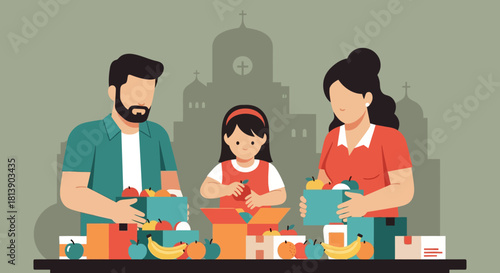 family engaging in charitable activity distributing food and supplies outdoors