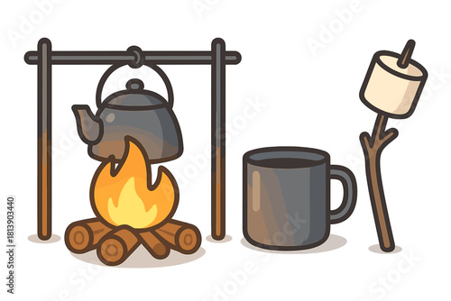 Campfire cooking setup with kettle, hot drink mug and marshmallow roasting stick
