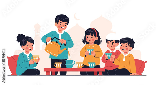 Children enjoying traditional cultural tea ceremony in vibrant setting