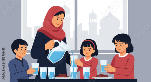 Family enjoying a traditional tea gathering with desserts in a spacious room