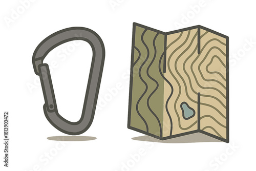 Climbing carabiner and folded topographic map representing outdoor adventure gear