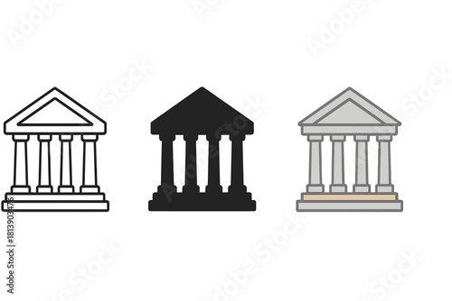 Three variations of a classical building facade with columns and triangular pediment design
