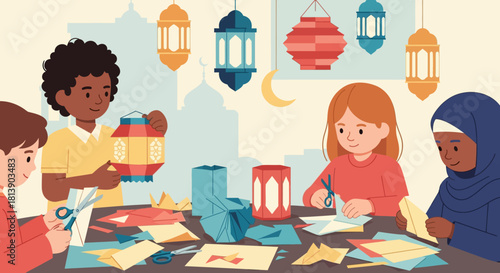 children engaging in creative paper crafts activity in a festive setting with