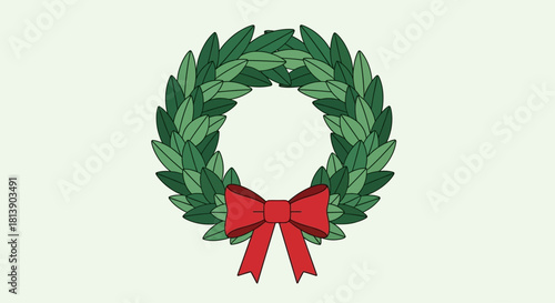 Vector illustration of a traditional green Christmas laurel wreath with a big red ribbon bow for festive holiday decoration