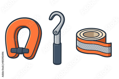 Essential marine safety gear including life jacket, boat hook, and reflective tape