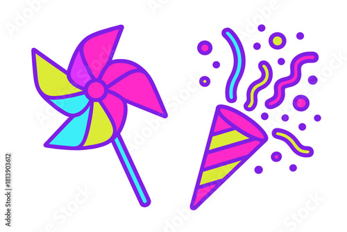 Colorful pinwheel toy and exploding party popper with confetti streamers for celebration events