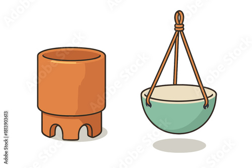 Collection of modern indoor planters featuring a terracotta standing pot and a hanging green bowl