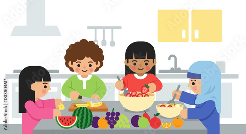 Joyful children sharing a colorful fruit salad in a bright kitchen