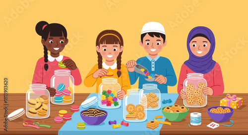 Children happily engaging in cookie and candy assembly activity in a colorful