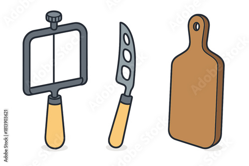 Essential kitchen tools for serving cheese including a wire slicer, knife, and wooden cutting board