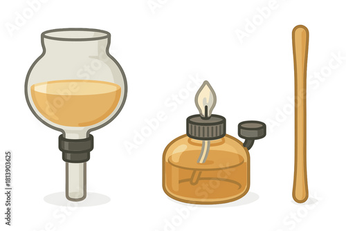 Siphon coffee brewing equipment set with glass flask, alcohol burner, and wooden stirrer