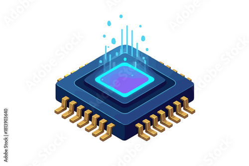 Futuristic isometric computer chip with glowing core and rising data streams on white background