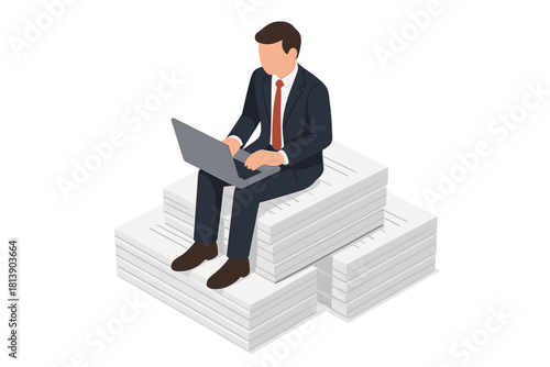 Businessman working on laptop while sitting on huge stacks of documents and paperwork