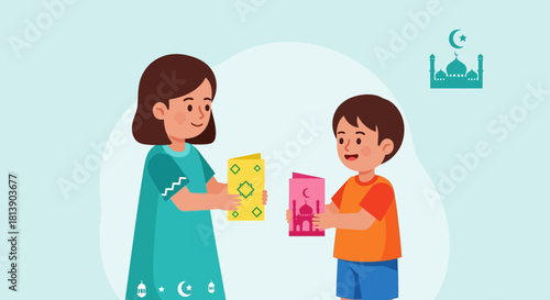 children exchanging colorful Ramadan-themed cards amid night scene featuring