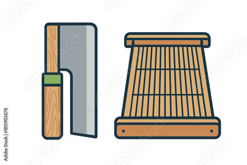 Traditional Japanese kitchen knife and wooden grating stand for food preparation