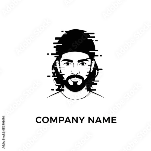 Abstract Glitch Effect Portrait of a Man with Beard and Long Hair.