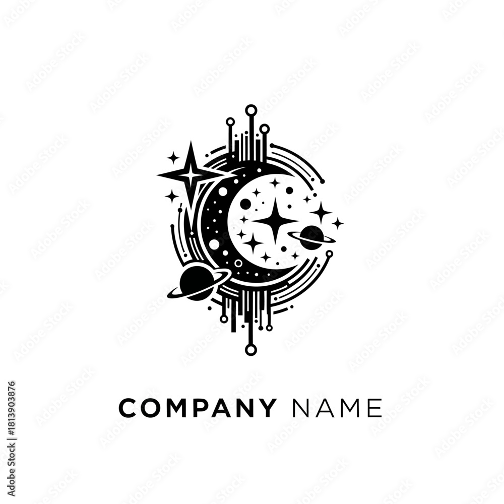 Obraz premium Celestial Technology Logo with Crescent Moon and Planets.