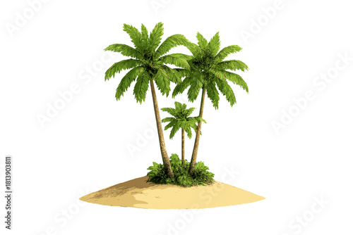 Three lush tropical palm trees growing on a small sandy island isolated on a white background