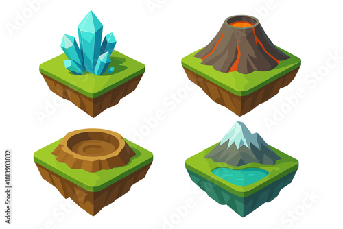 Isometric fantasy landscape tiles set featuring volcano, crystal cluster, snowy mountain, and crater