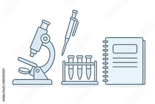 Microscope, test tubes, pipette, and notebook for scientific research and education