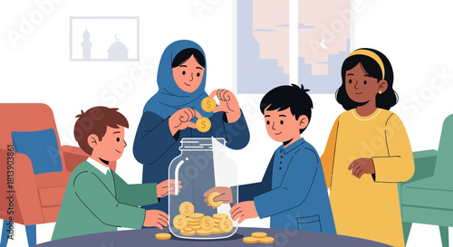 children saving and sharing coins in a family setting for financial education