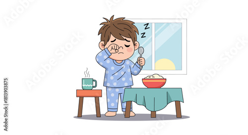 Cute cartoon of a sleepy child brushing teeth and enjoying breakfast in