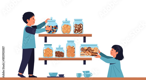 Children Selecting Cookies from Tiered Shelves in a Cozy Pantry Scene