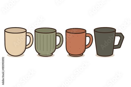 Four colorful ceramic coffee mugs in a row with different textures and earthy tones