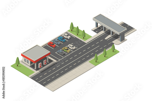Isometric modern gas station building with parking lot and cars on asphalt road