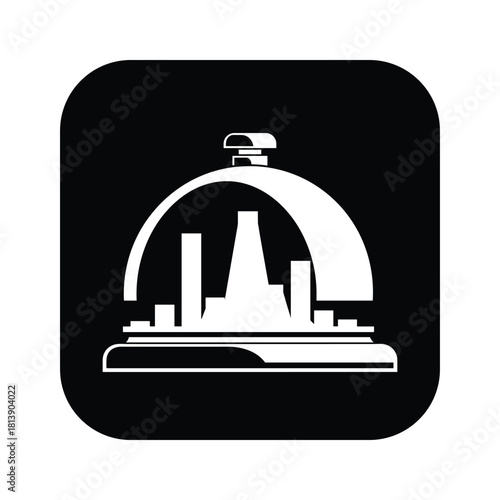 A white hotel reception bell icon on a, representing service and assistance