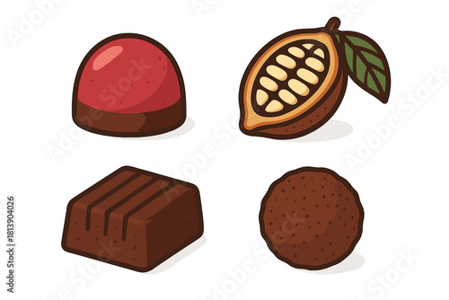 Assortment of gourmet chocolate bonbons, truffles, and a fresh cacao fruit pod