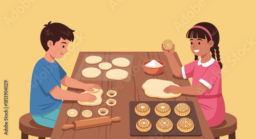 Children Baking and Preparing Dough with Cookies in a Cozy Kitchen Scene