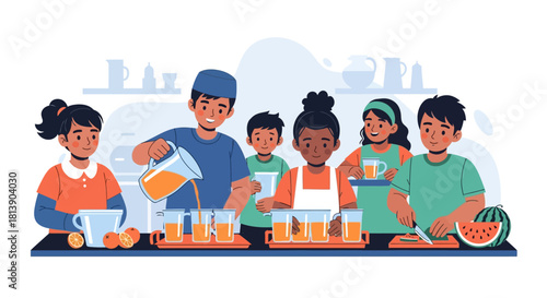 family enjoying a sunny morning together preparing fresh fruit and drinks in a