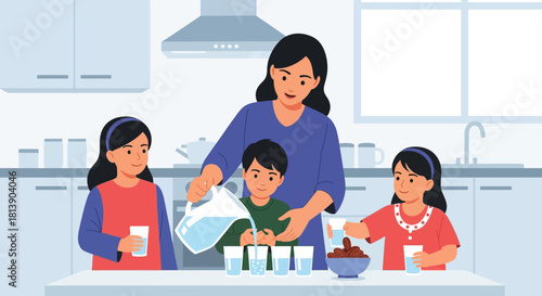 family enjoying a healthy breakfast together in a modern kitchen setting