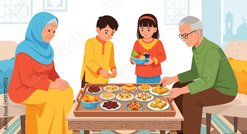 family enjoying traditional festive meal together in a cozy living room with