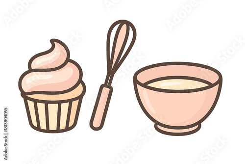Cute baking set with cupcake, whisk, and mixing bowl filled with batter