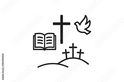Set of essential Christian symbols: Bible, cross, dove, and Calvary crosses