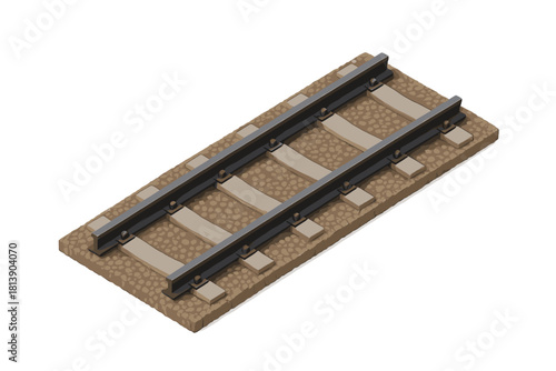 Isometric view of a short section of railway track with rails, sleepers, and ballast ground