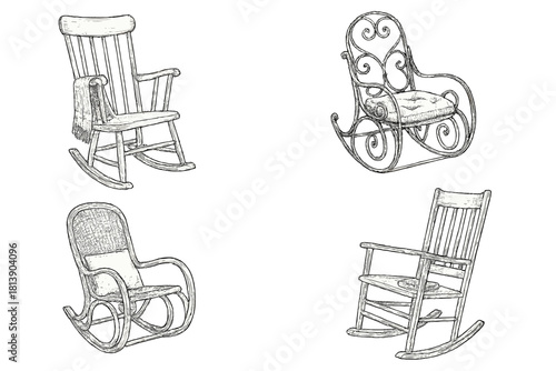 Collection of four antique and vintage rocking chairs in detailed hand drawn sketch style