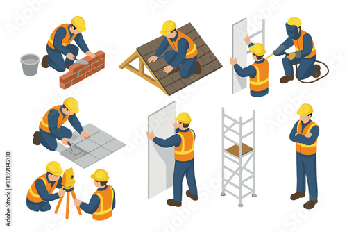 Isometric construction workers performing building tasks like masonry, roofing, welding, and tiling