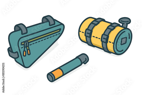 Essential bicycle touring gear collection featuring frame bag, handlebar roll, and portable pump