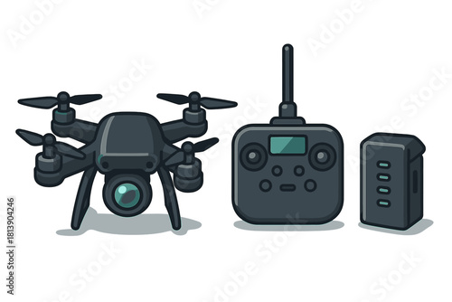 Modern quadcopter drone with remote controller and battery pack for aerial photography