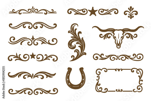 Vintage Western scrollwork dividers, flourishes, longhorn skull, and horseshoe ornaments set