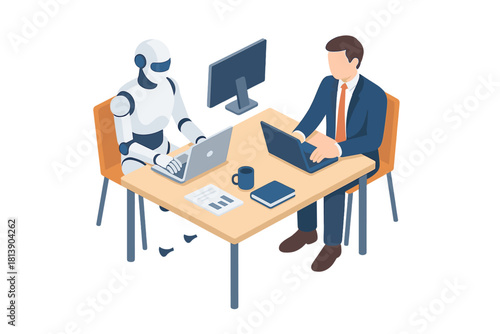Businessman and humanoid robot collaborating on laptops for automation and teamwork