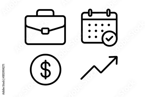 Set of essential outline symbols representing business, finance, planning, and upward trend concepts