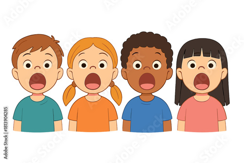 Diverse group of children expressing shock or amazement with open mouths and wide eyes