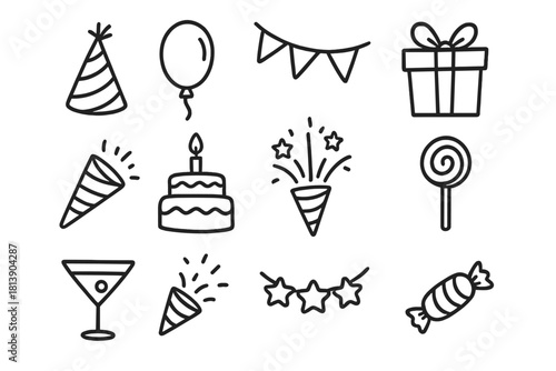 Outline elements for birthday party celebration including cake, gift, balloon, and confetti poppers